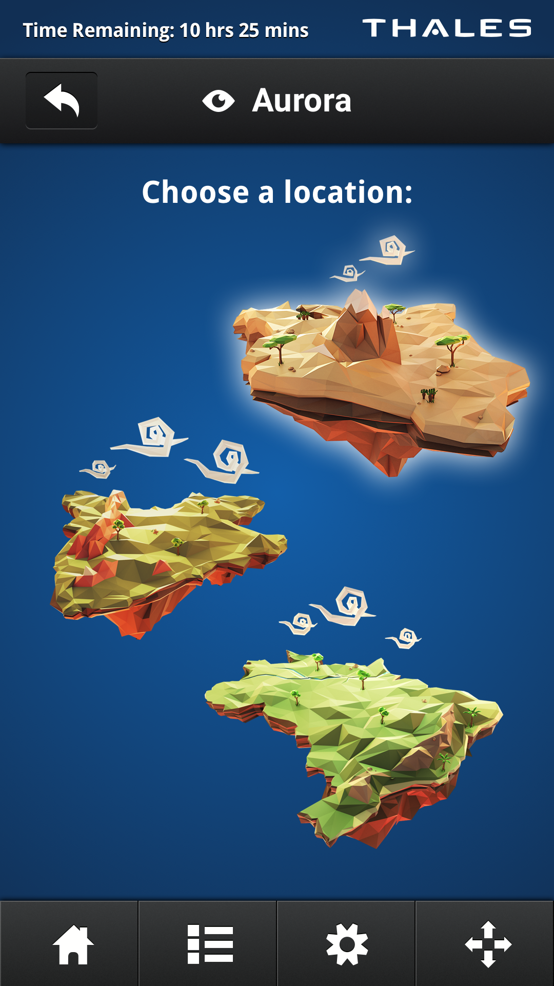 A blue screen with three locations for the user to select from - the desert, plains, or hills.